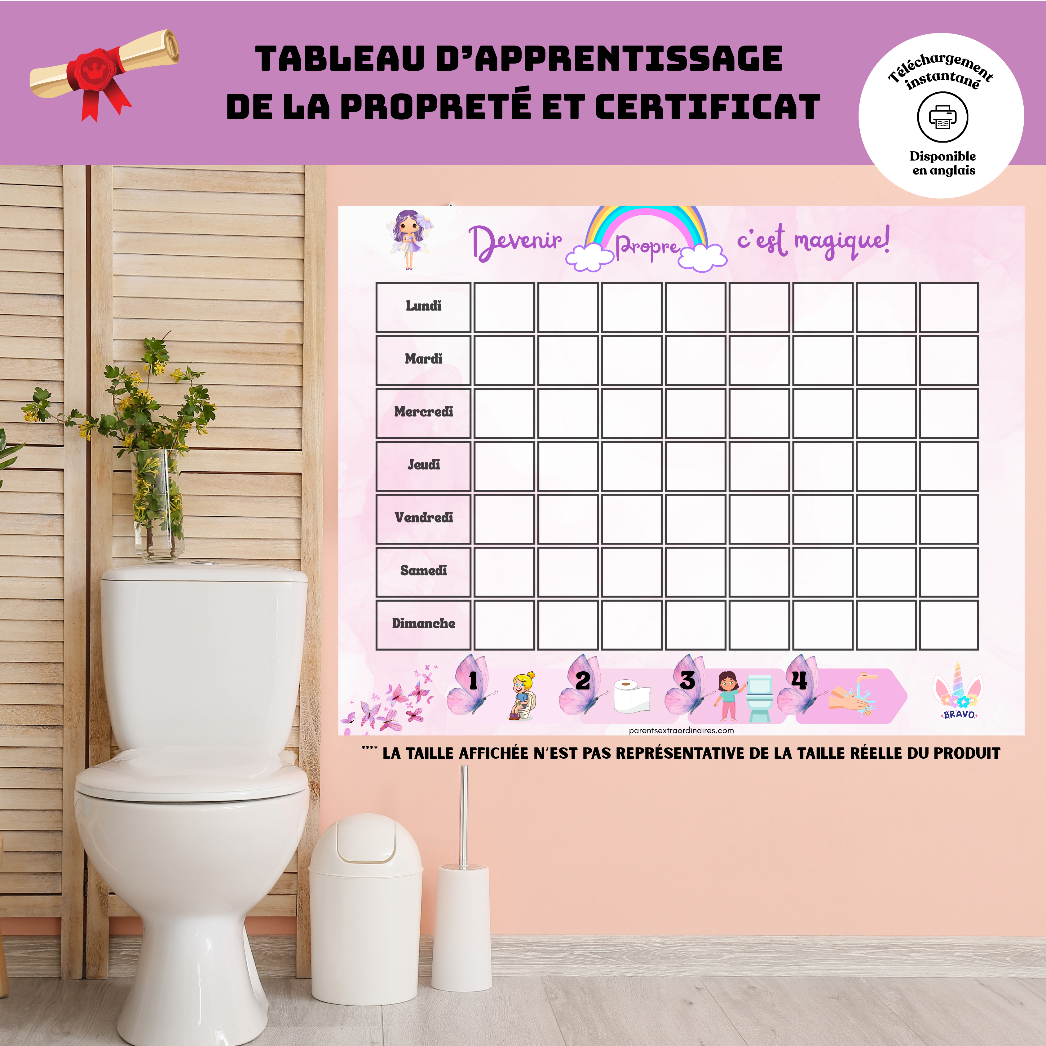 Tableau d’apprentissage de la propreté à imprimer permettant aux enfants de suivre leurs réussites lors de l’utilisation du pot ou des toilettes. Un outil visuel motivant conçu pour encourager l’autonomie, la confiance en soi et l’abandon progressif des couches. Thème fée