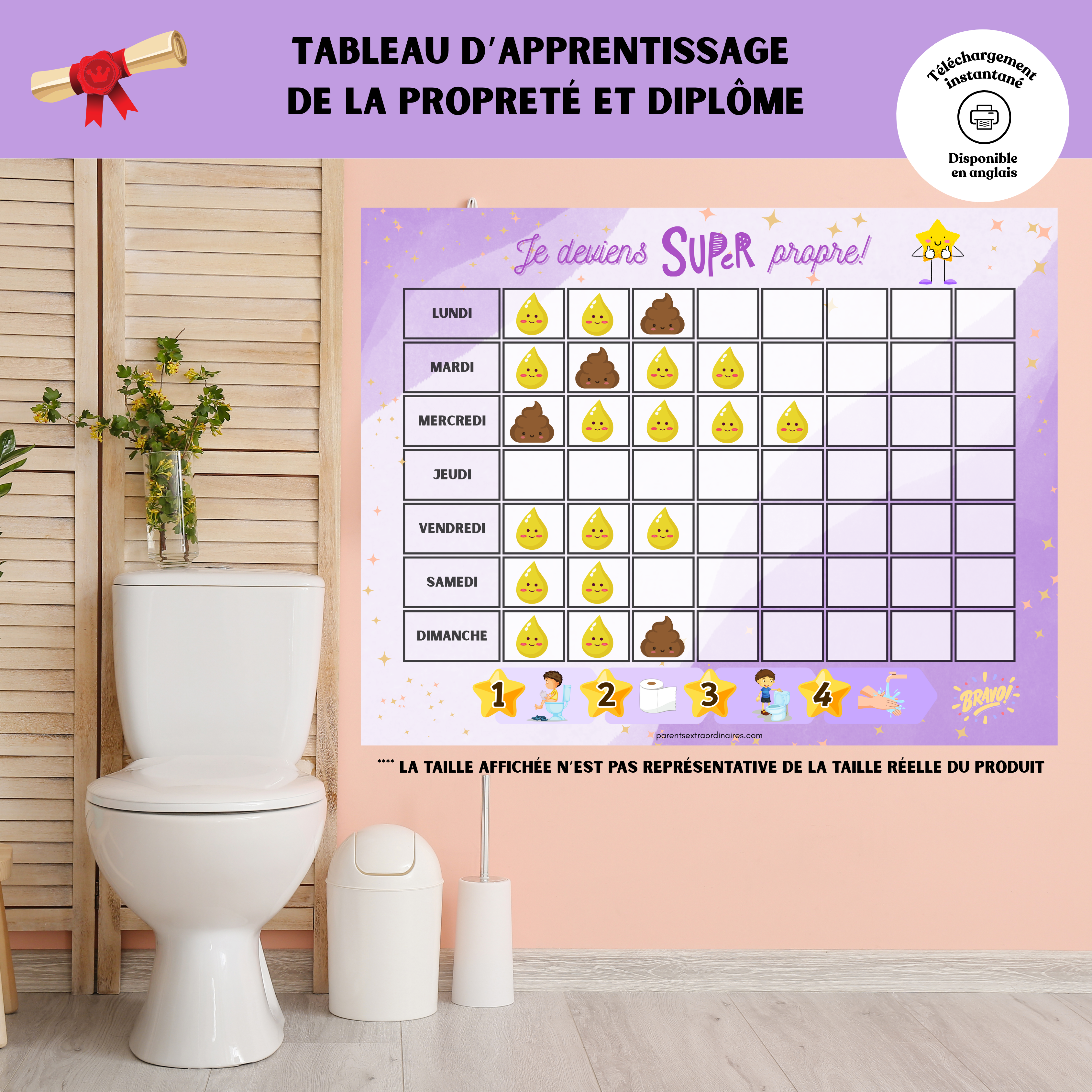 Tableau d’apprentissage de la propreté à imprimer permettant aux enfants de suivre leurs réussites lors de l’utilisation du pot ou des toilettes. Un outil visuel motivant conçu pour encourager l’autonomie, la confiance en soi et l’abandon progressif des couches.