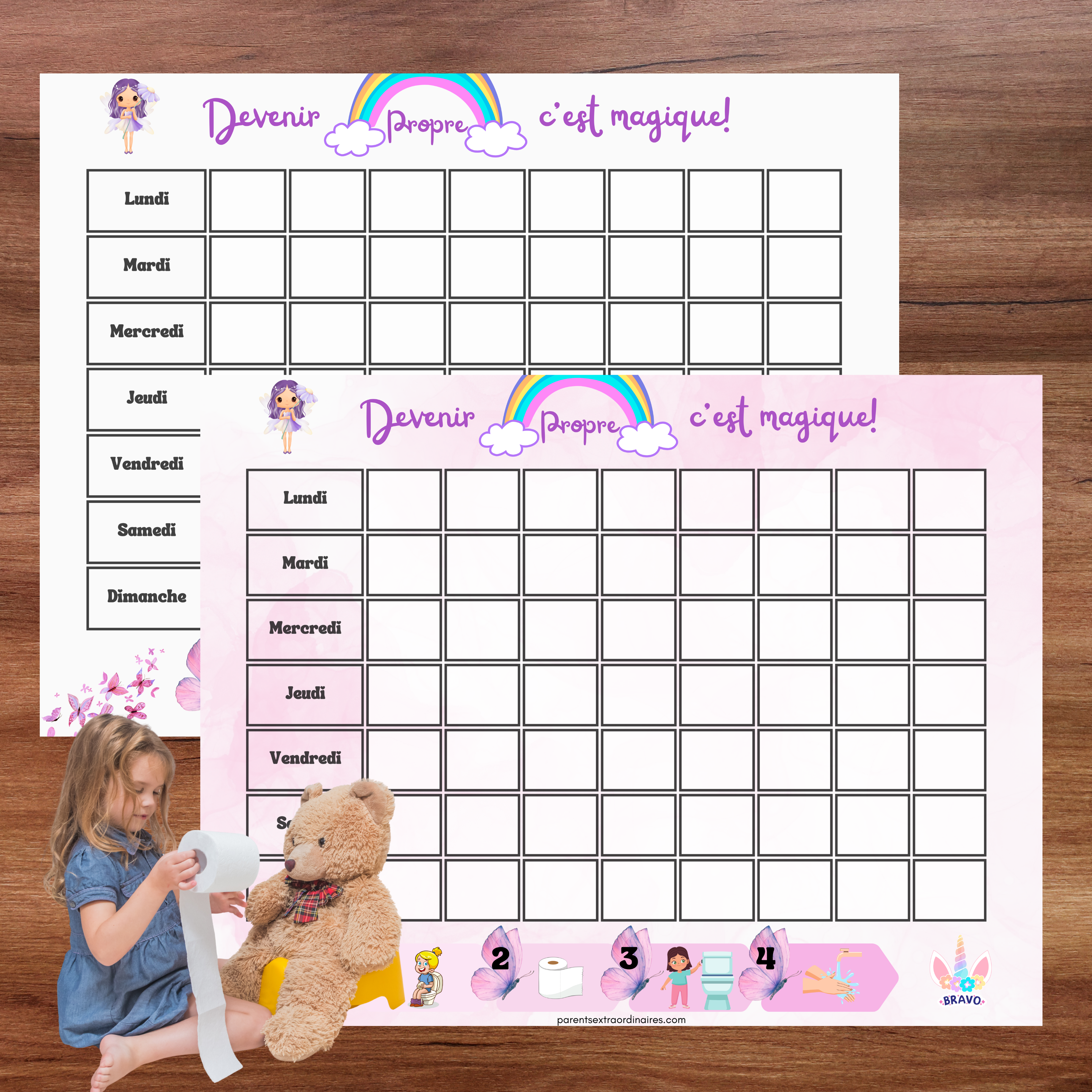 Ressource éducative pour l’apprentissage de la propreté comprenant un tableau de suivi avec pastilles ou autocollants. Les enfants visualisent leurs progrès, développent leur autonomie et sont encouragés à utiliser le pot ou les toilettes grâce à un système de récompense positif et motivant.