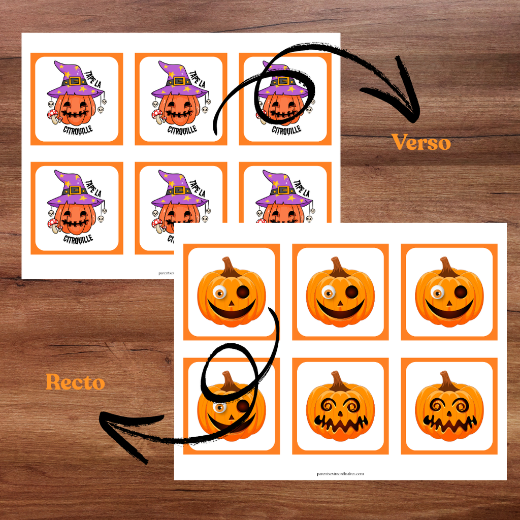 Jeu d’observation et de vitesse avec des cartes de citrouilles d’Halloween
Fiches Tape la citrouille et cartes à imprimer