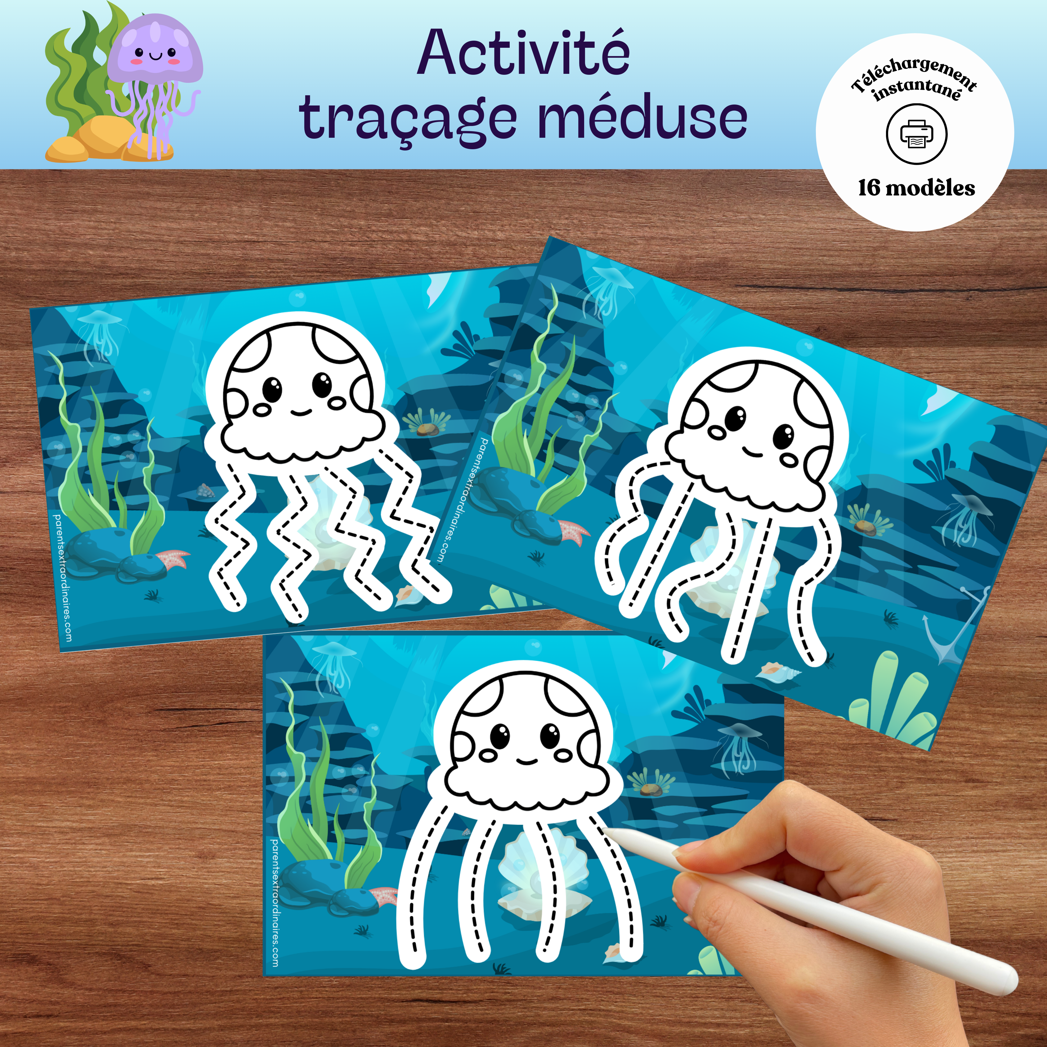 Activité de traçage méduse à imprimer où l’enfant suit les pointillés des tentacules.
