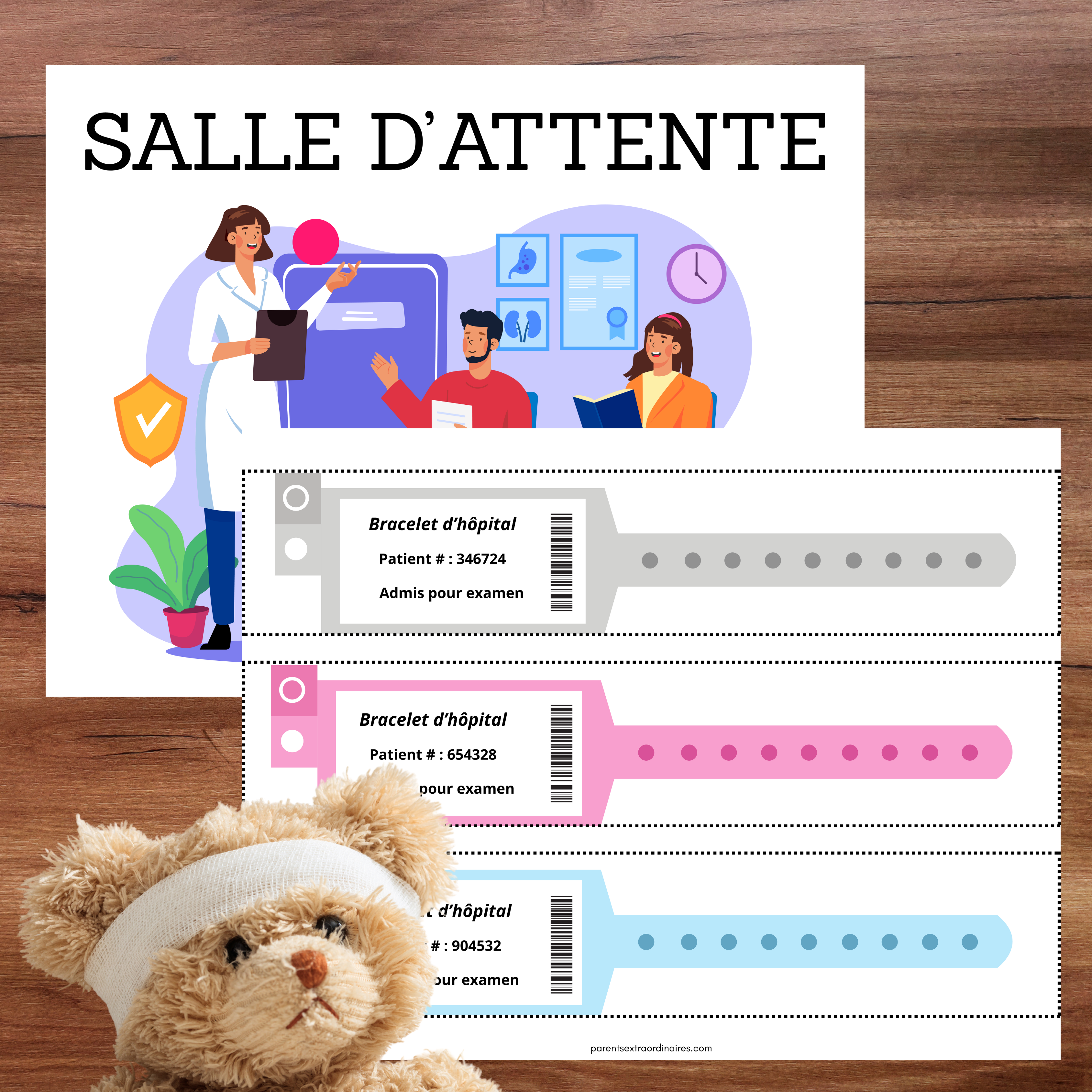 Accessoires de médecin à imprimer pour compléter une trousse médicale et encourager le jeu d’imitation chez les enfants.